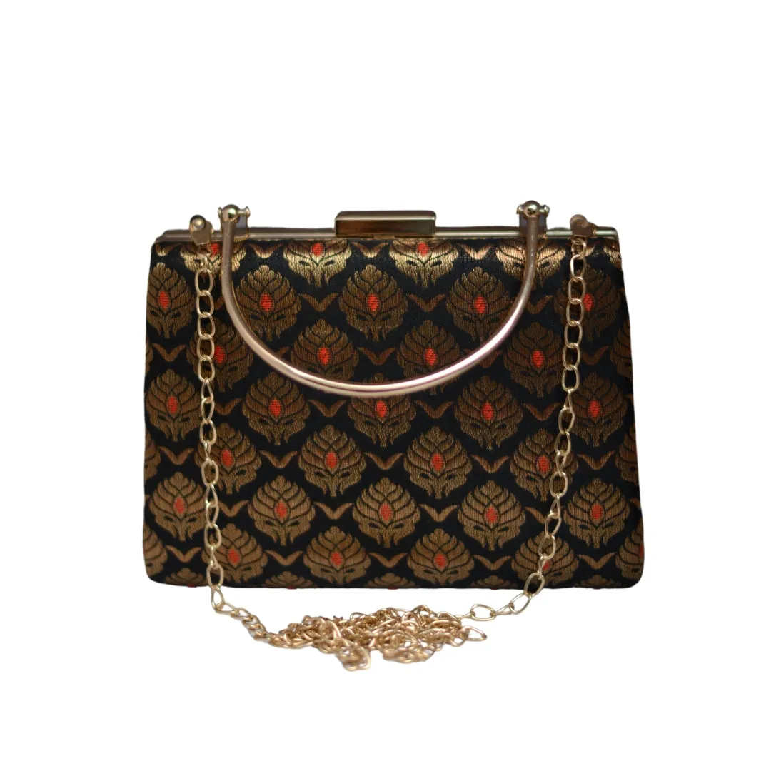 Artklim Black And Golden Brocade Party Clutch