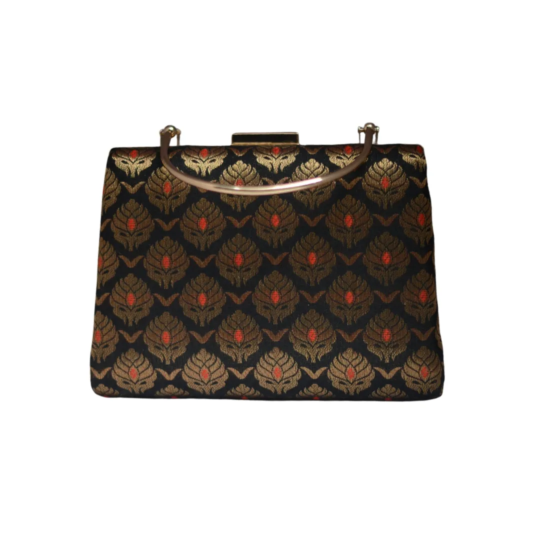 Artklim Black And Golden Brocade Party Clutch