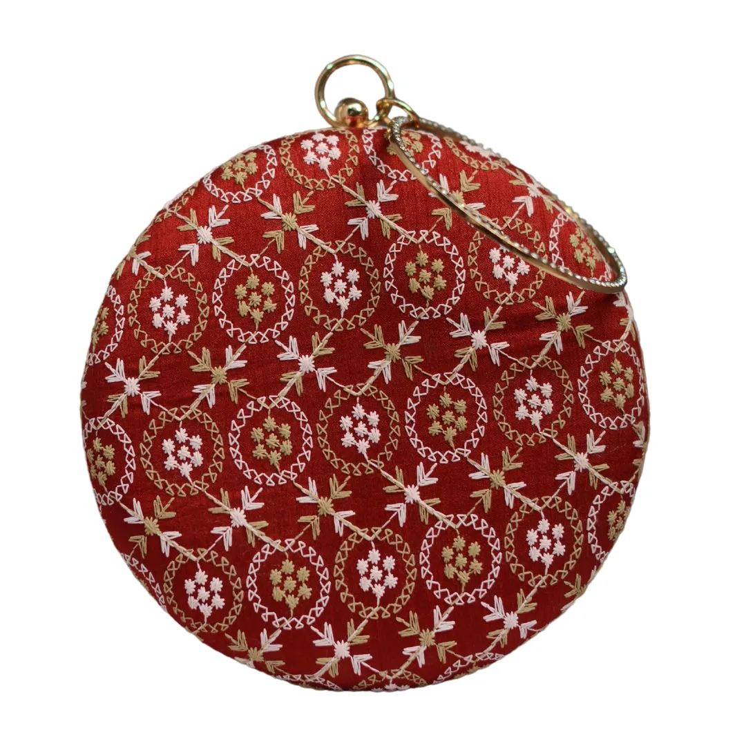 Artklim Red Embroidery Round Clutch