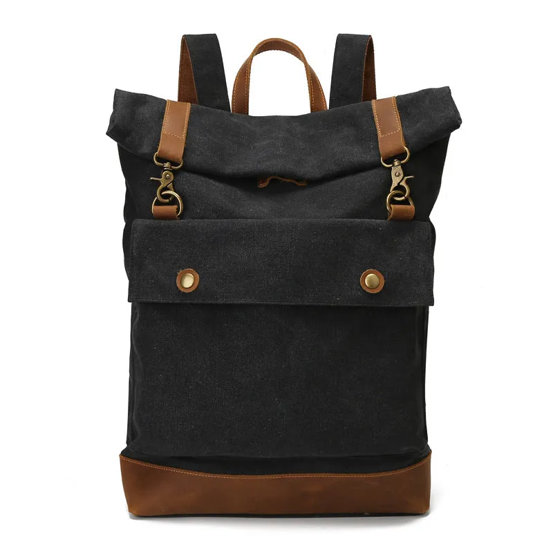 Backpack Men Crazy Horse Leather Canvas   Outdoor travel Roll Cover shoulder bag