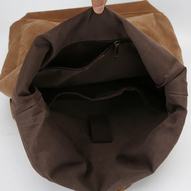 Backpack Men Crazy Horse Leather Canvas   Outdoor travel Roll Cover shoulder bag