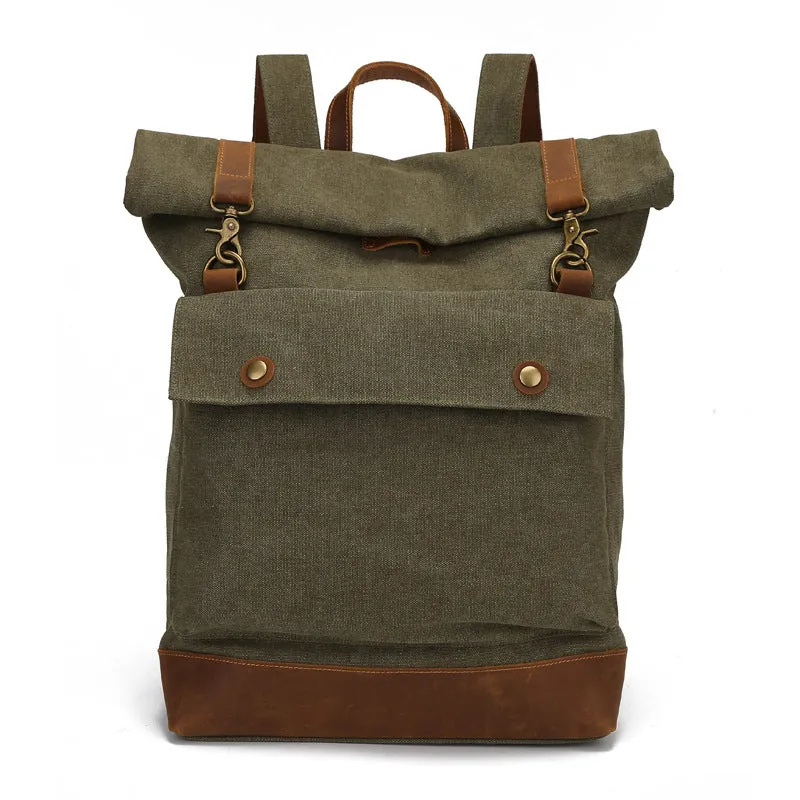 Backpack Men Crazy Horse Leather Canvas   Outdoor travel Roll Cover shoulder bag