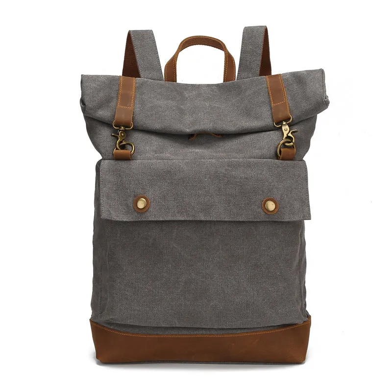 Backpack Men Crazy Horse Leather Canvas   Outdoor travel Roll Cover shoulder bag