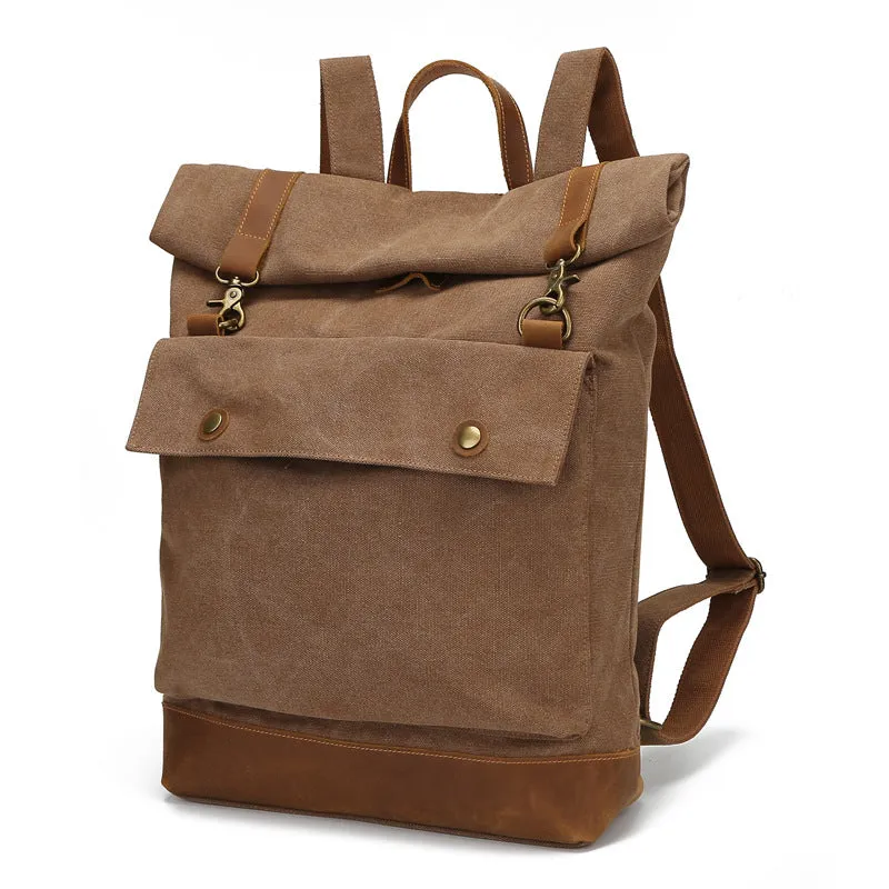 Backpack Men Crazy Horse Leather Canvas   Outdoor travel Roll Cover shoulder bag
