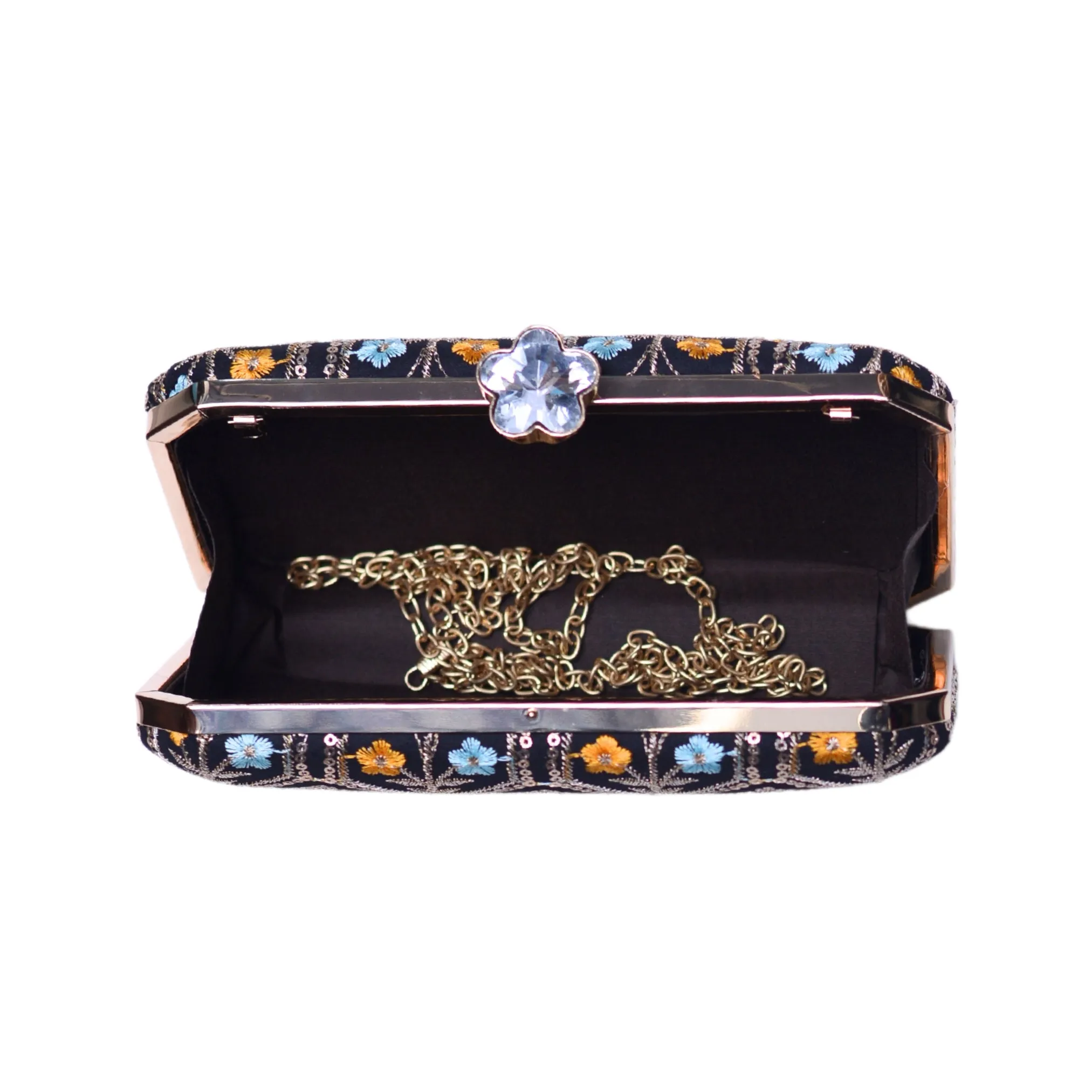 Black Floral Sequins Embroidery Fabric Clutch