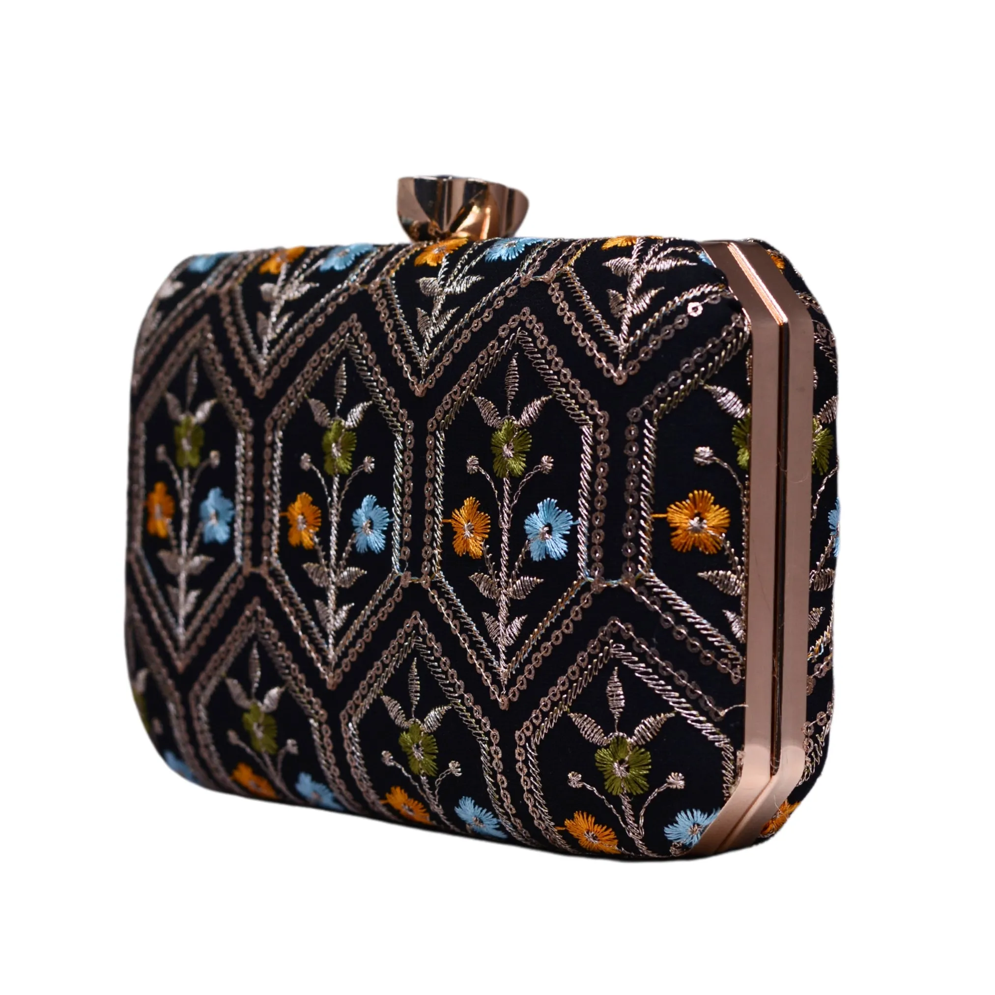 Black Floral Sequins Embroidery Fabric Clutch