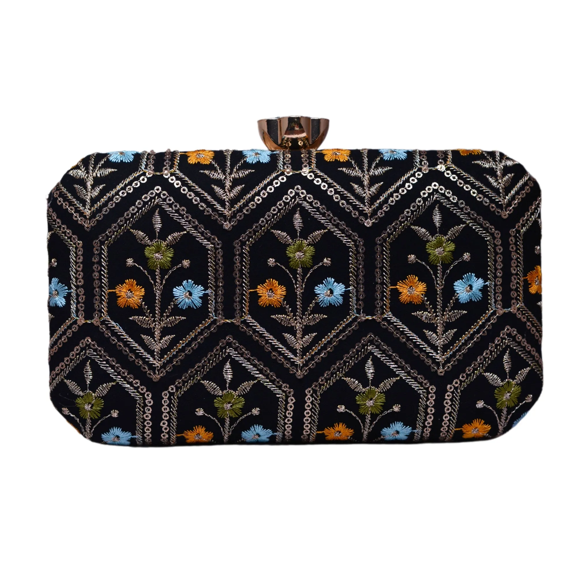 Black Floral Sequins Embroidery Fabric Clutch