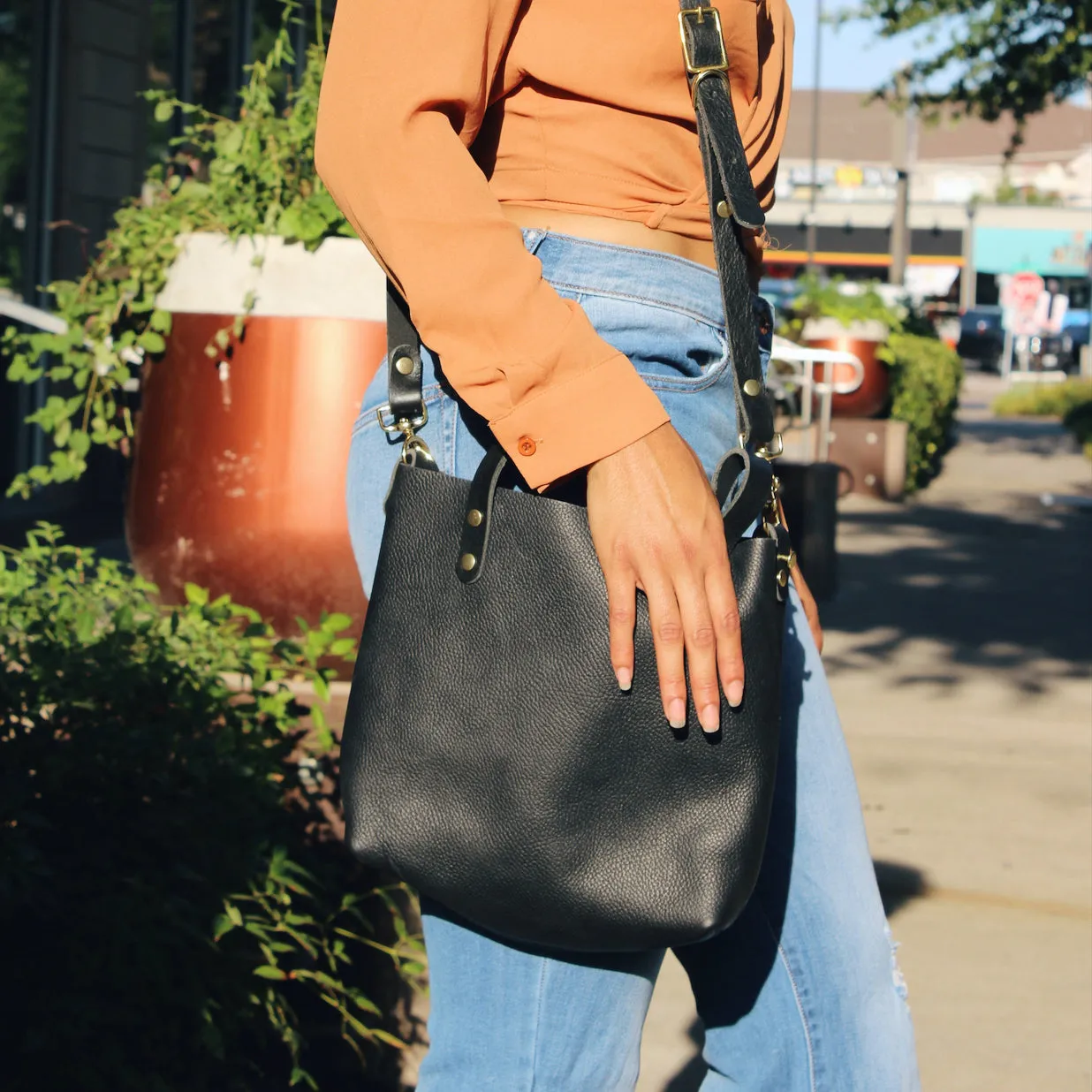 Black Leather Crossbody with Black Handles