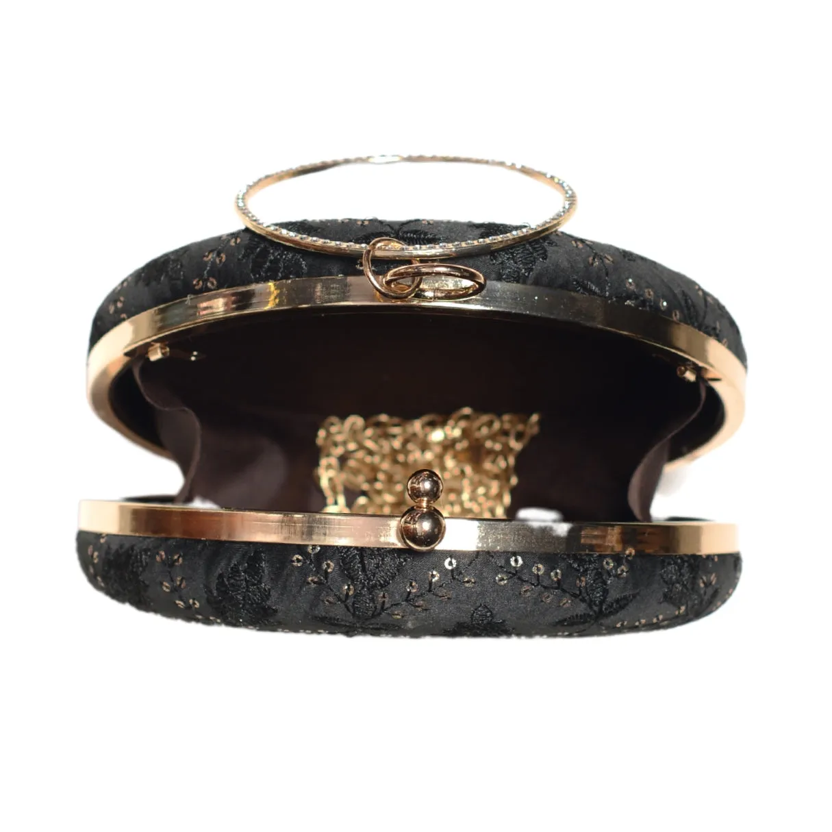 Black Sequins And Thread Embroidery Round Clutch