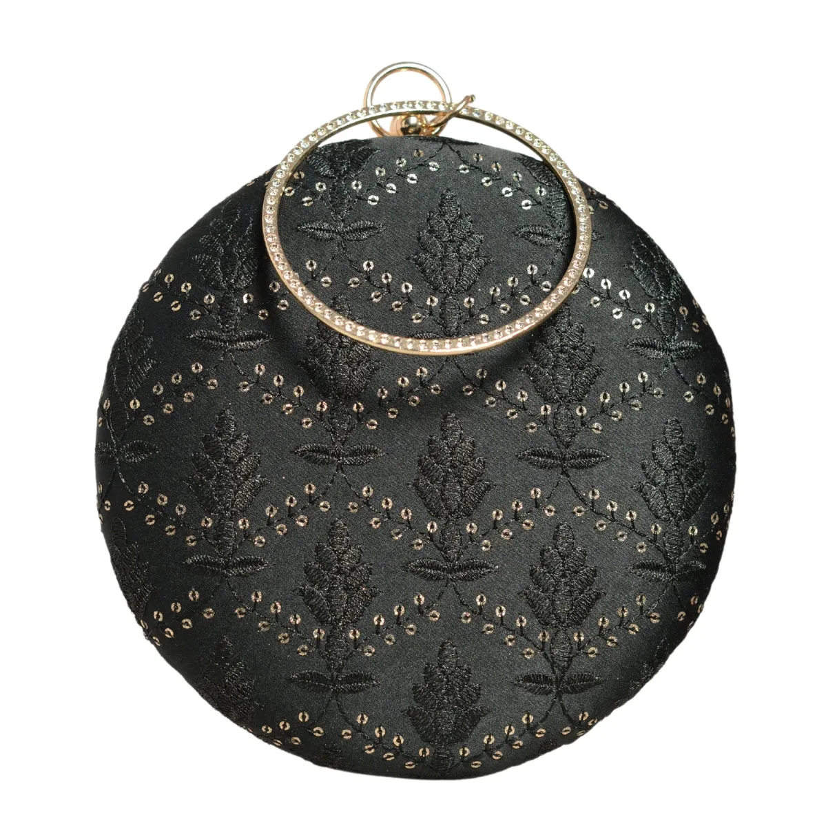Black Sequins And Thread Embroidery Round Clutch