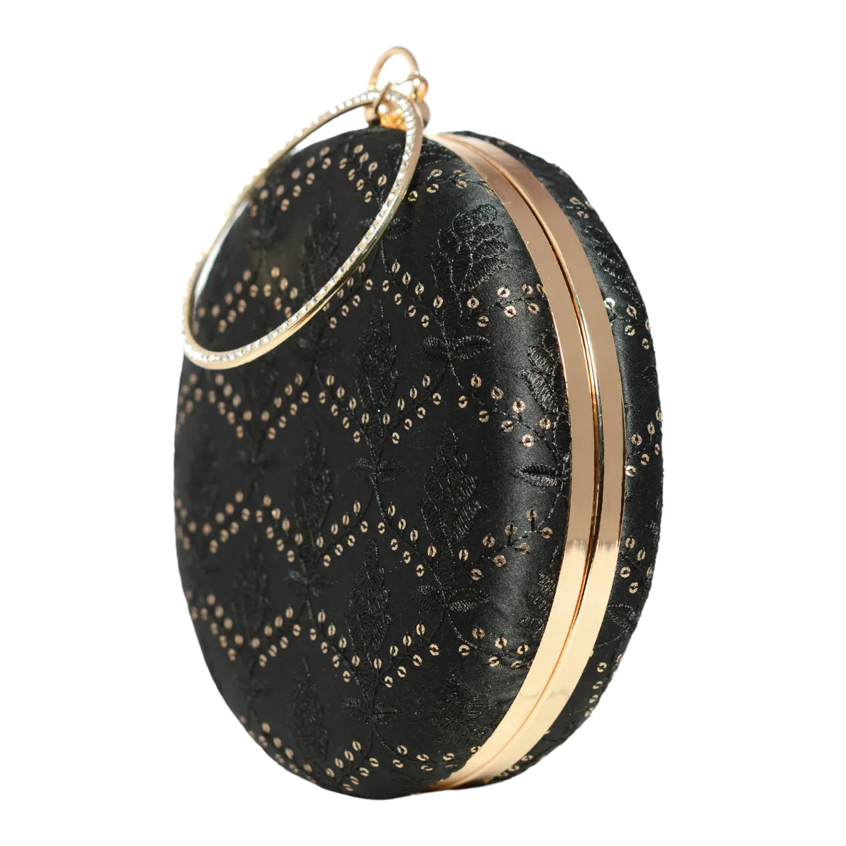 Black Sequins And Thread Embroidery Round Clutch