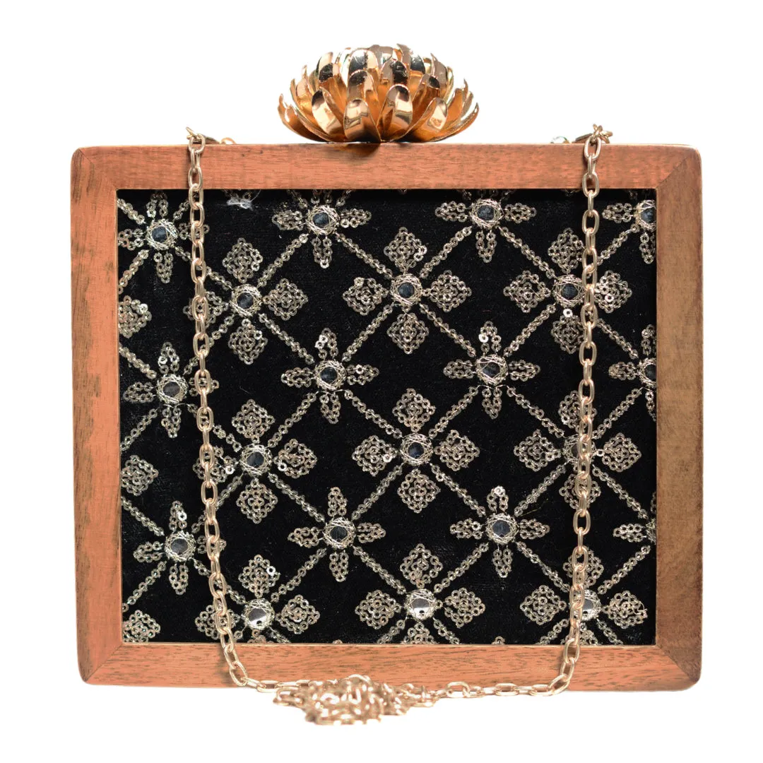 Black Sequins Embroidery Wooden Clutch