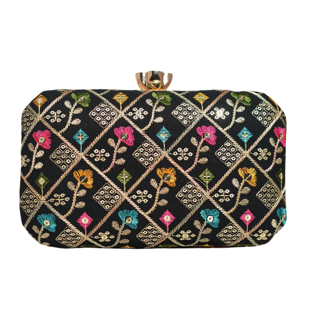 Black Sequins Floral Embroidery Party Clutch