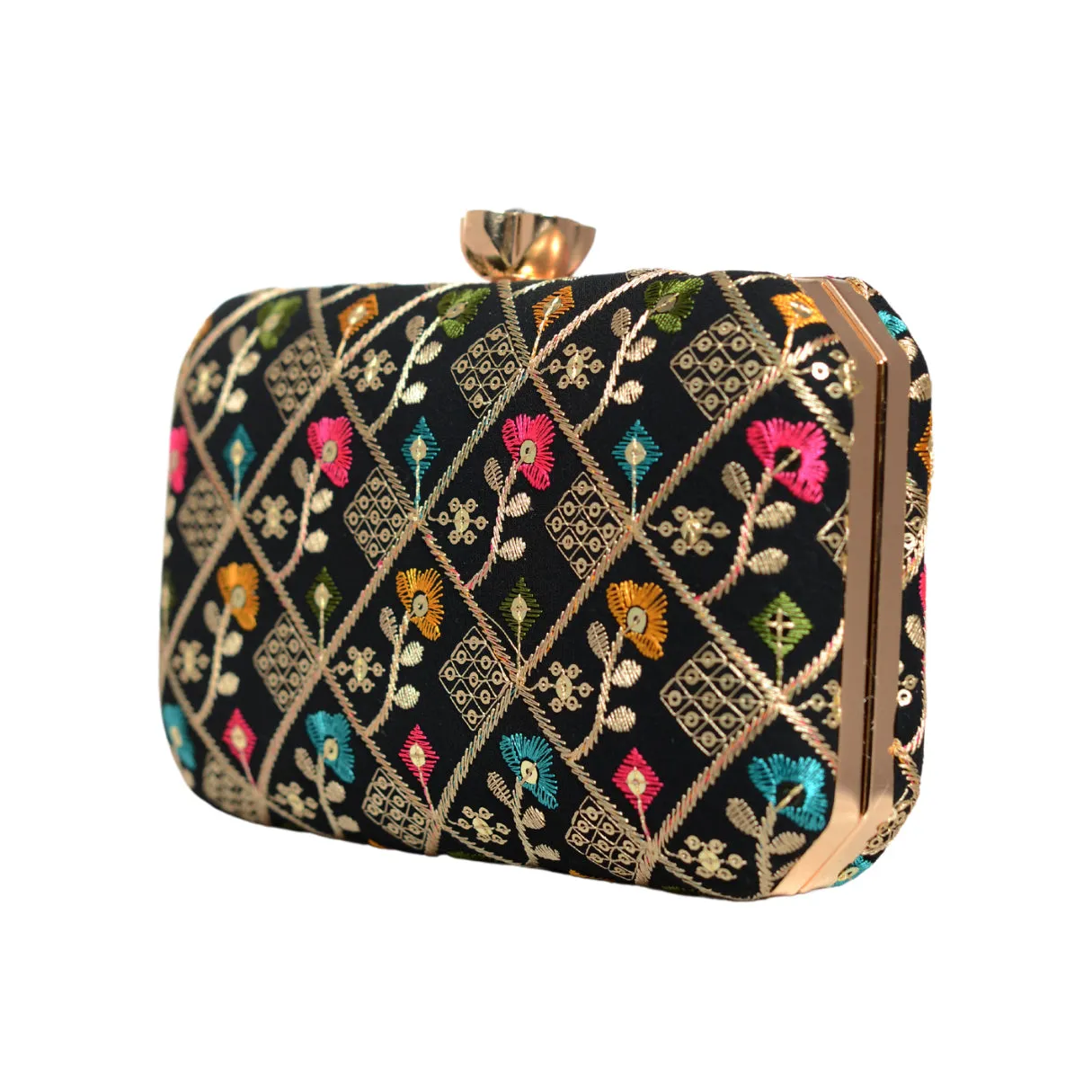Black Sequins Floral Embroidery Party Clutch