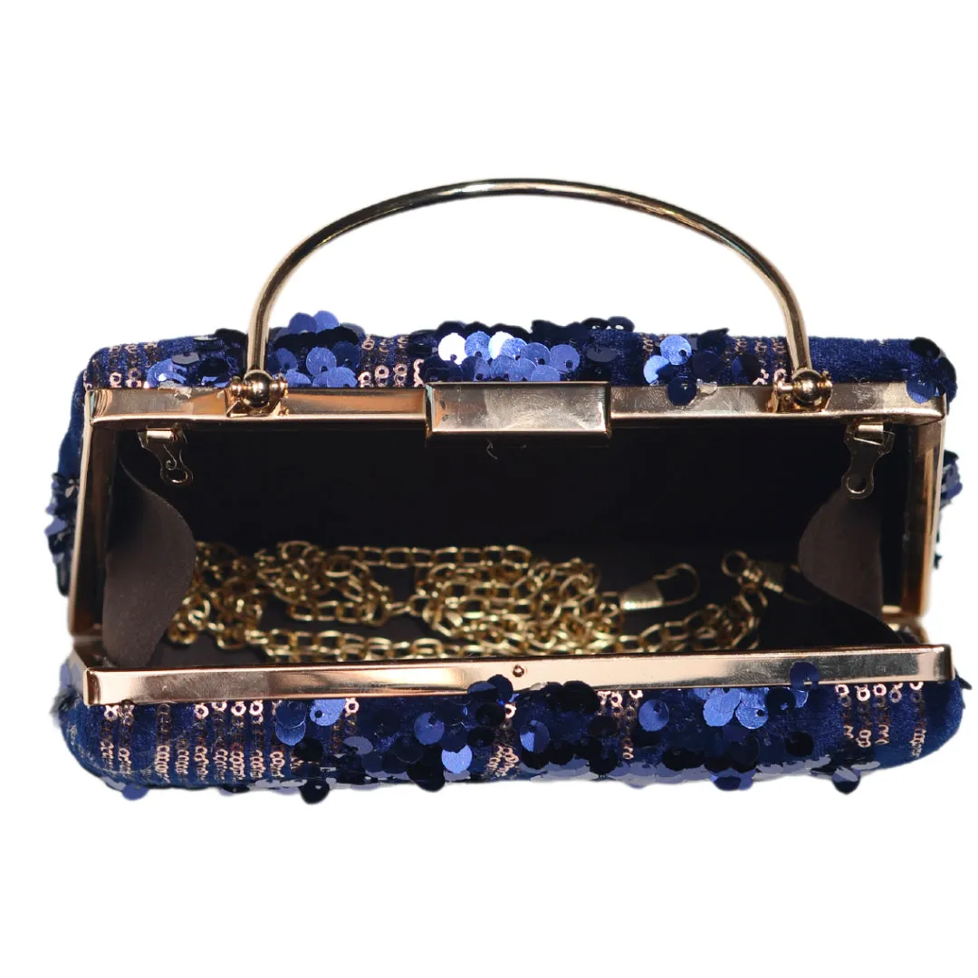 Blue Sequins Embroidery Velvet Clutch