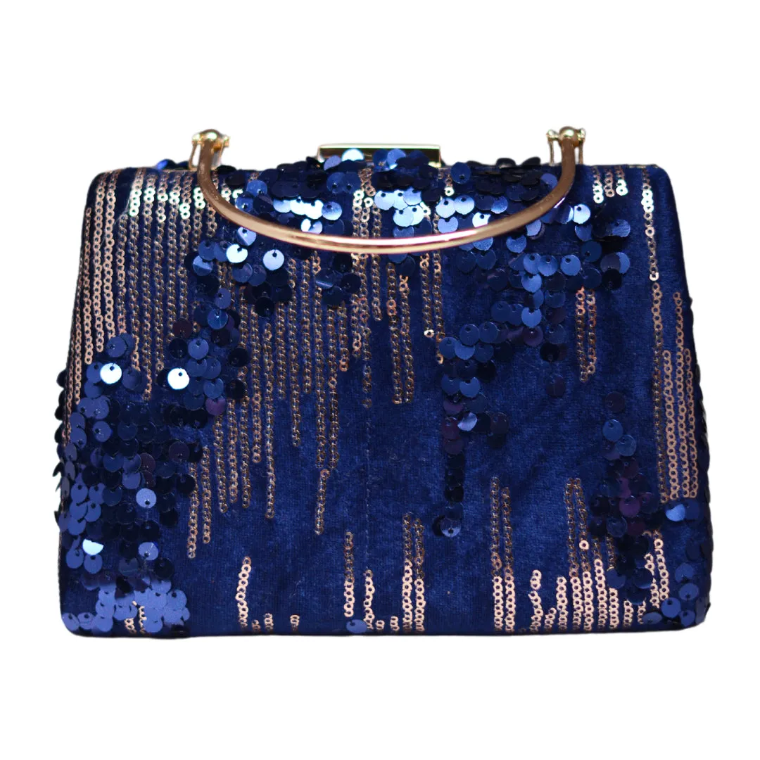 Blue Sequins Embroidery Velvet Clutch