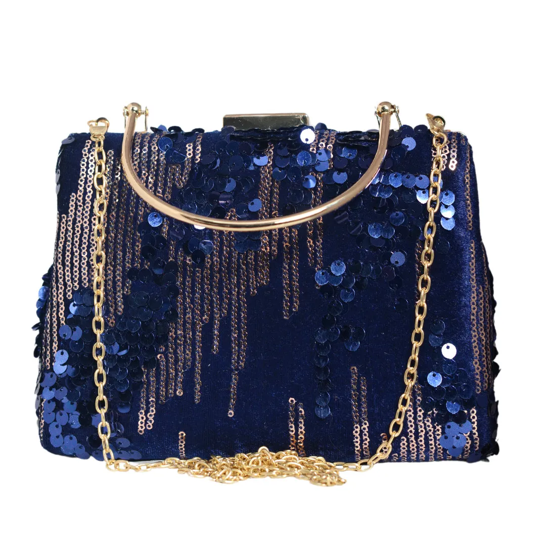 Blue Sequins Embroidery Velvet Clutch