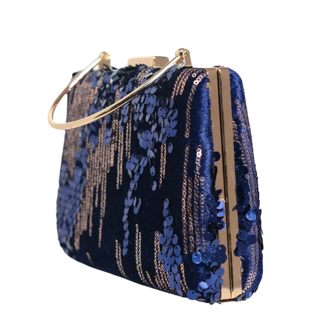 Blue Sequins Embroidery Velvet Clutch