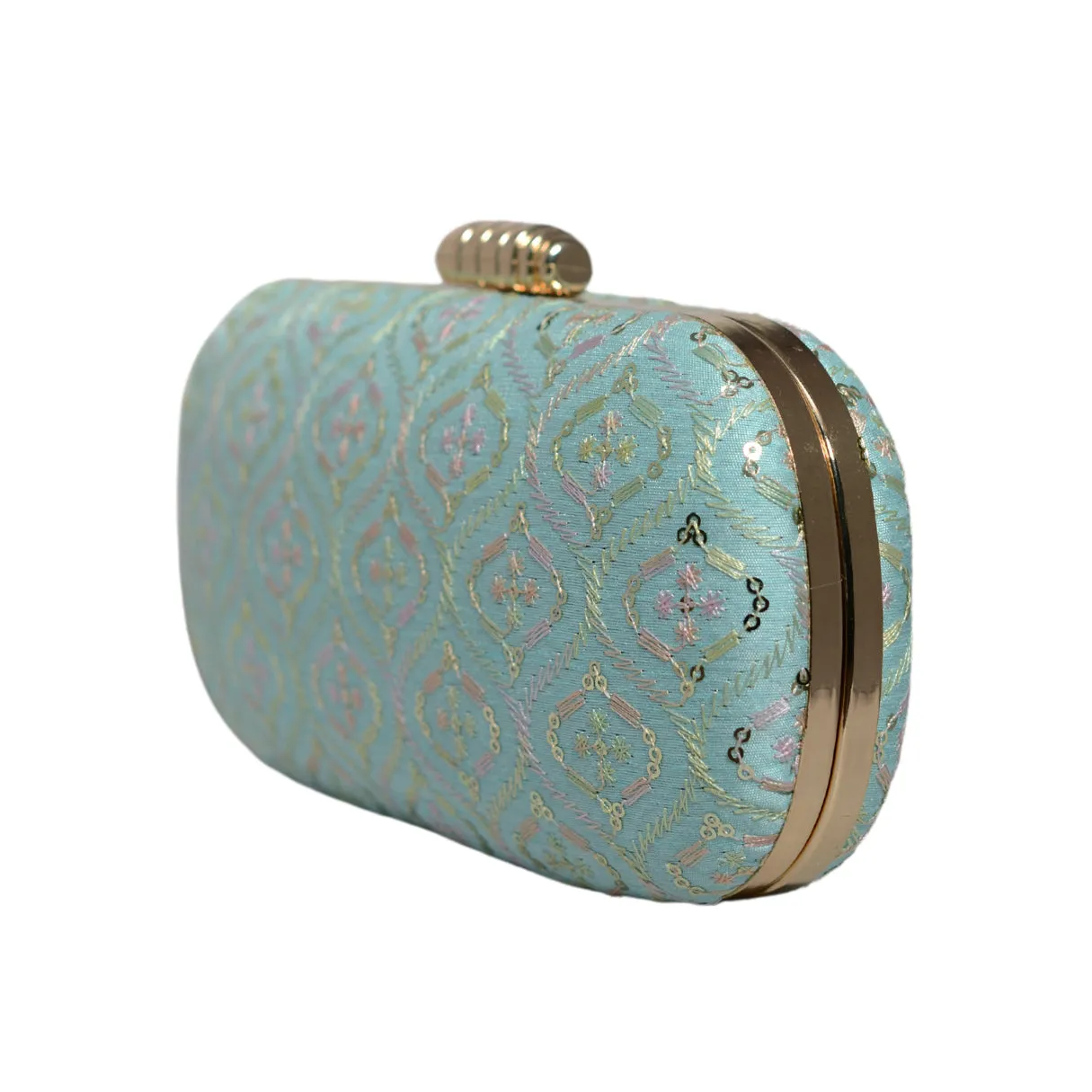 Blue Thread And Sequins Embroidery Clutch