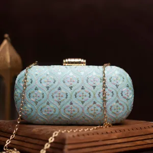 Blue Thread And Sequins Embroidery Clutch