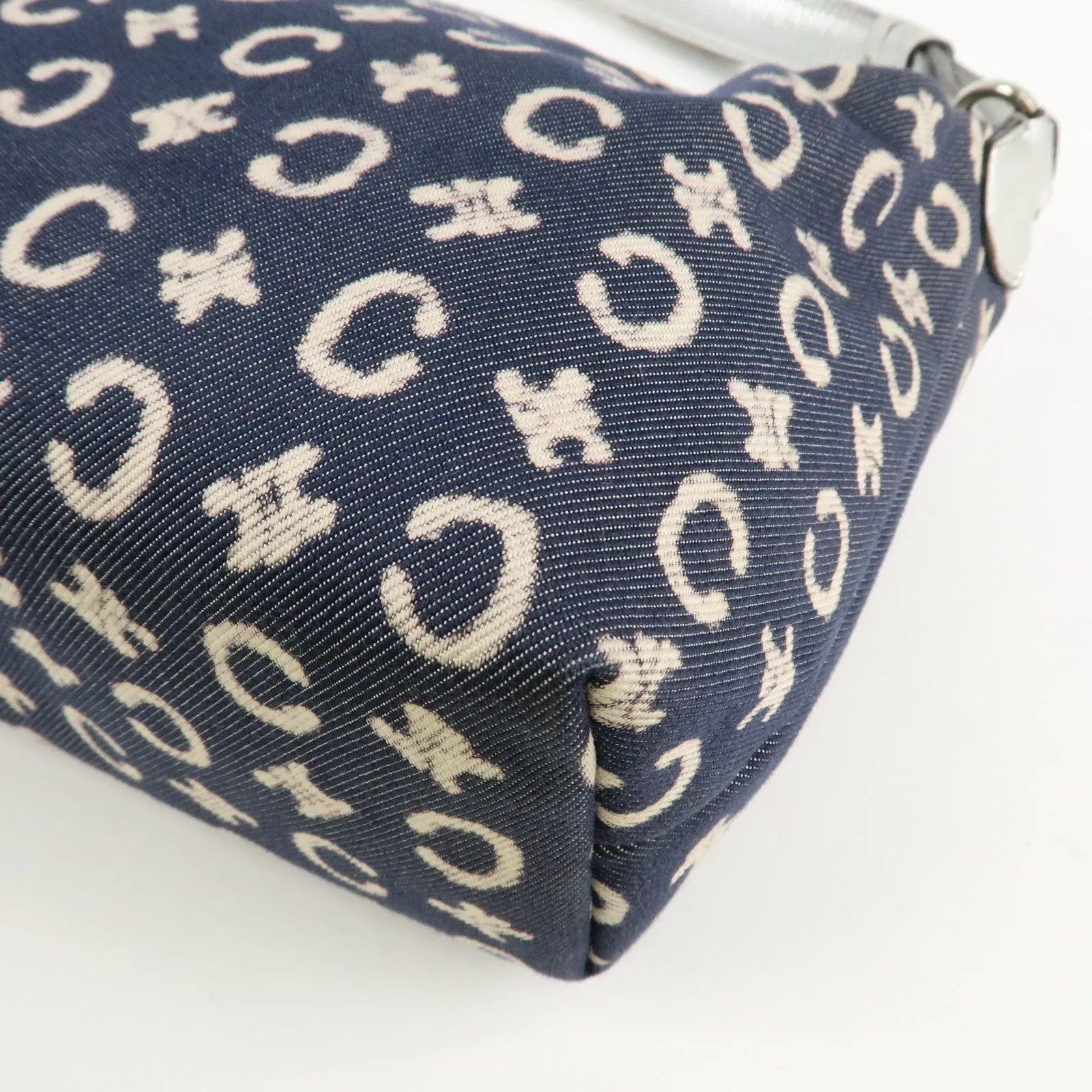 CELINE C Macadam Canvas Leather Shoulder Bag Navy Silver Used