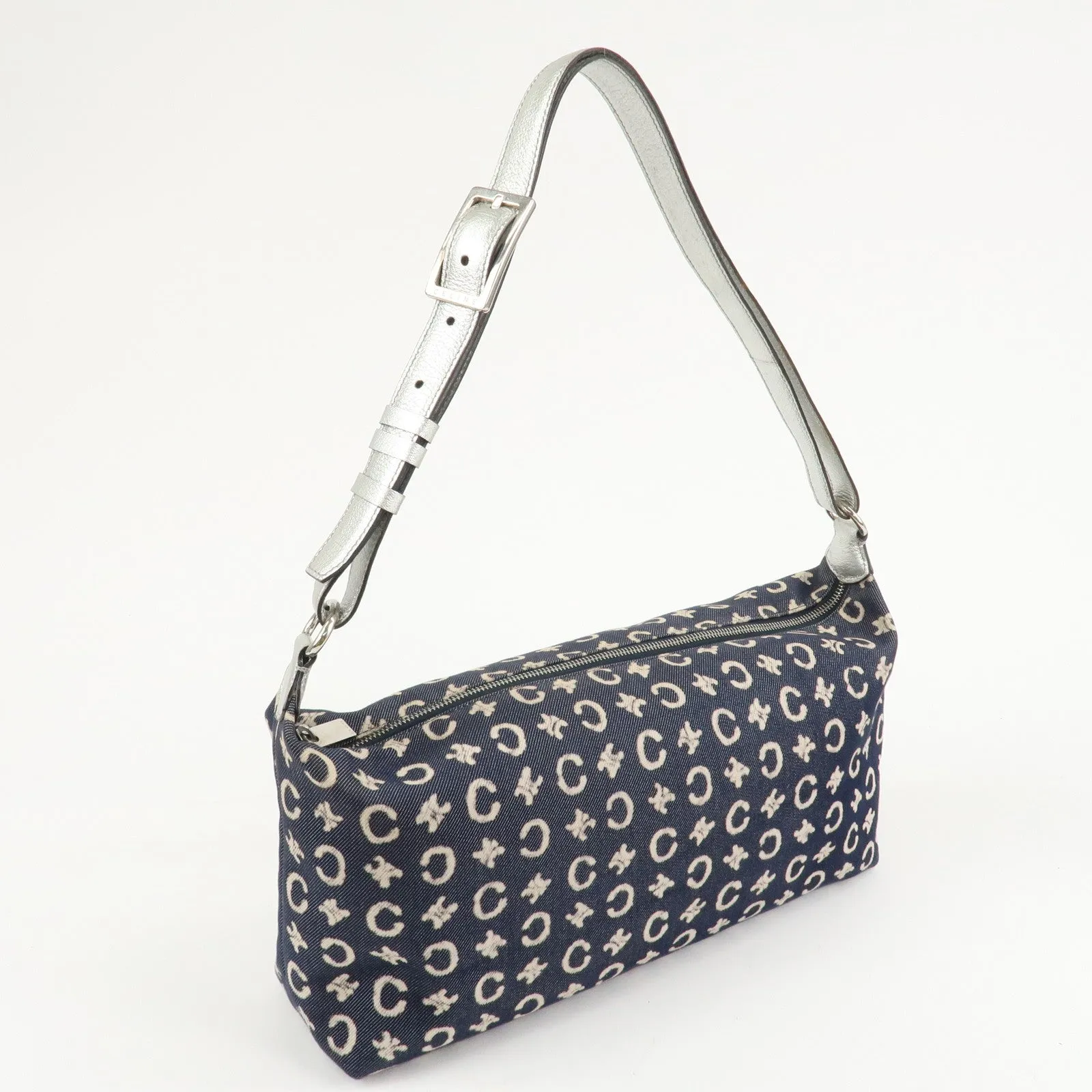 CELINE C Macadam Canvas Leather Shoulder Bag Navy Silver Used