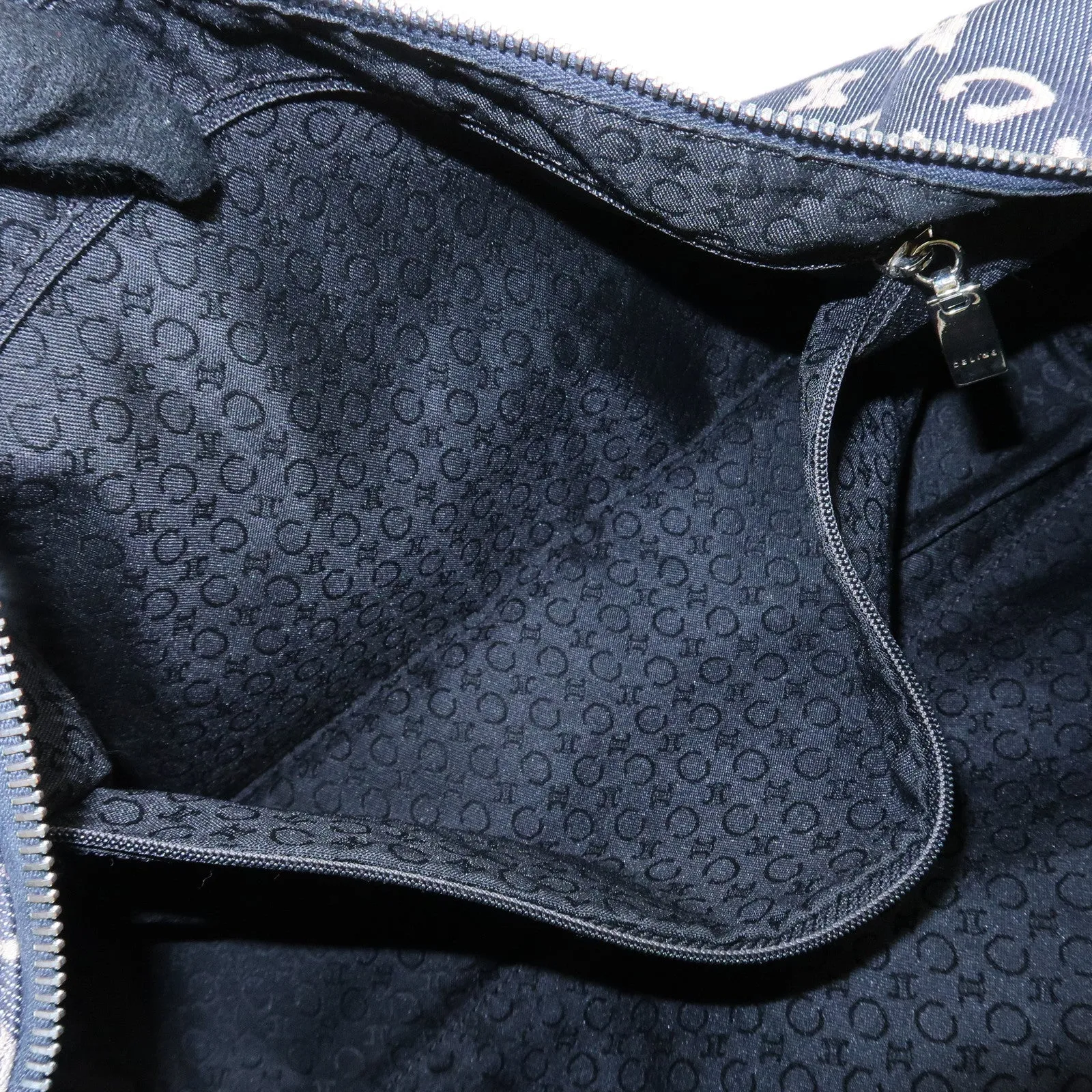 CELINE C Macadam Canvas Leather Shoulder Bag Navy Silver Used