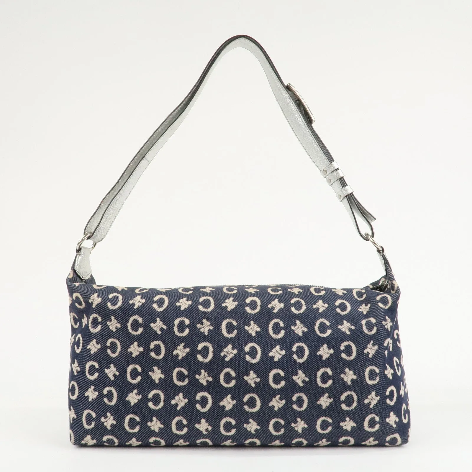 CELINE C Macadam Canvas Leather Shoulder Bag Navy Silver Used
