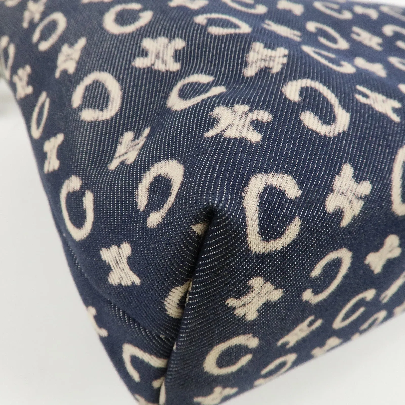 CELINE C Macadam Canvas Leather Shoulder Bag Navy Silver Used