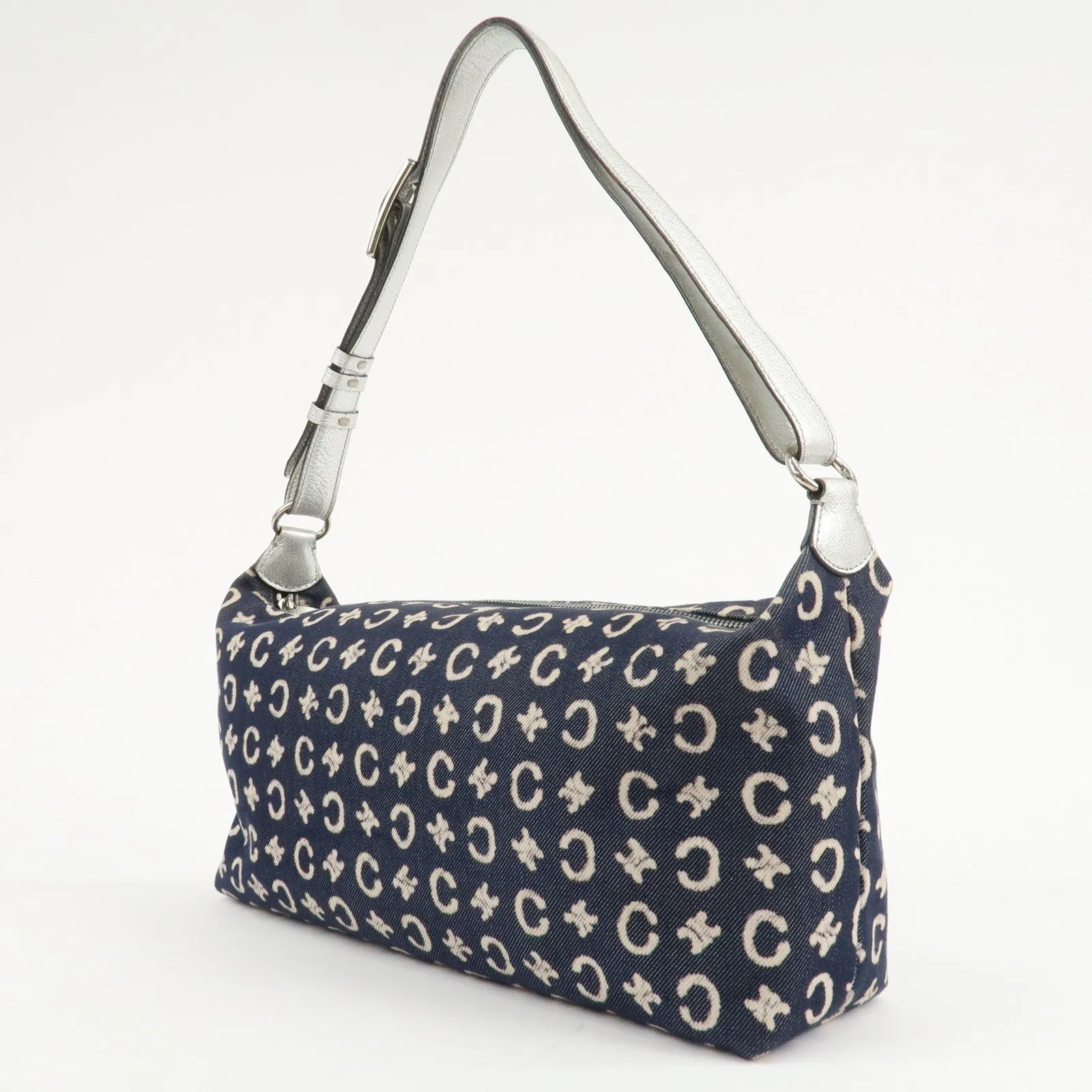 CELINE C Macadam Canvas Leather Shoulder Bag Navy Silver Used