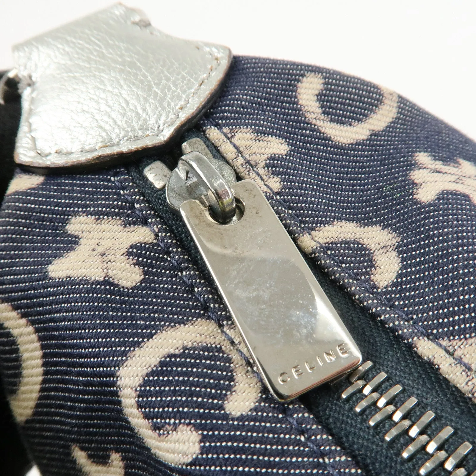 CELINE C Macadam Canvas Leather Shoulder Bag Navy Silver Used