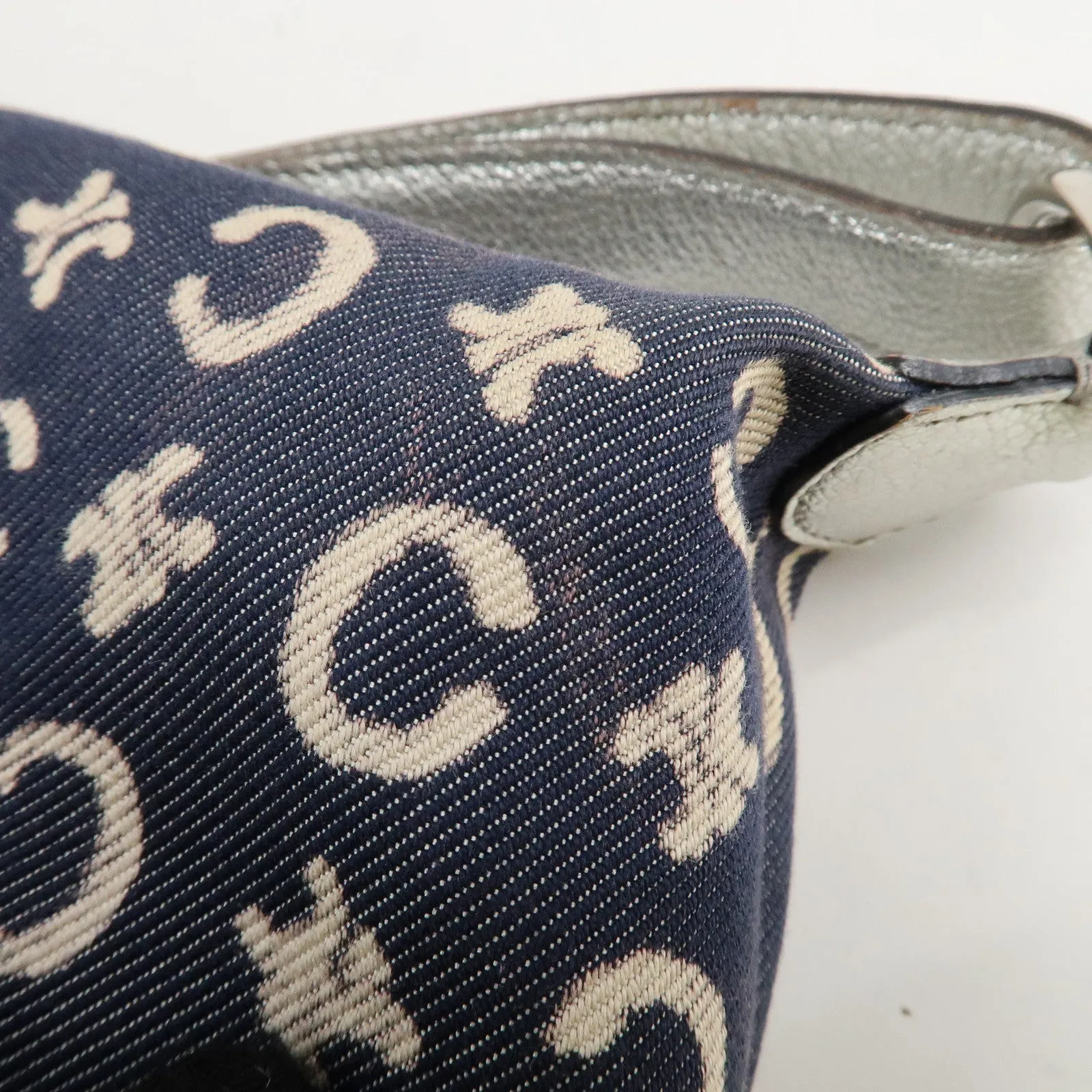 CELINE C Macadam Canvas Leather Shoulder Bag Navy Silver Used