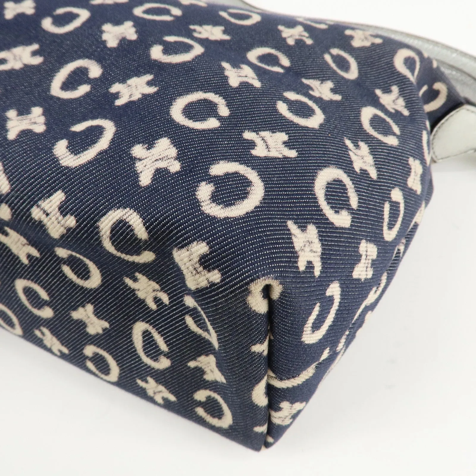 CELINE C Macadam Canvas Leather Shoulder Bag Navy Silver Used