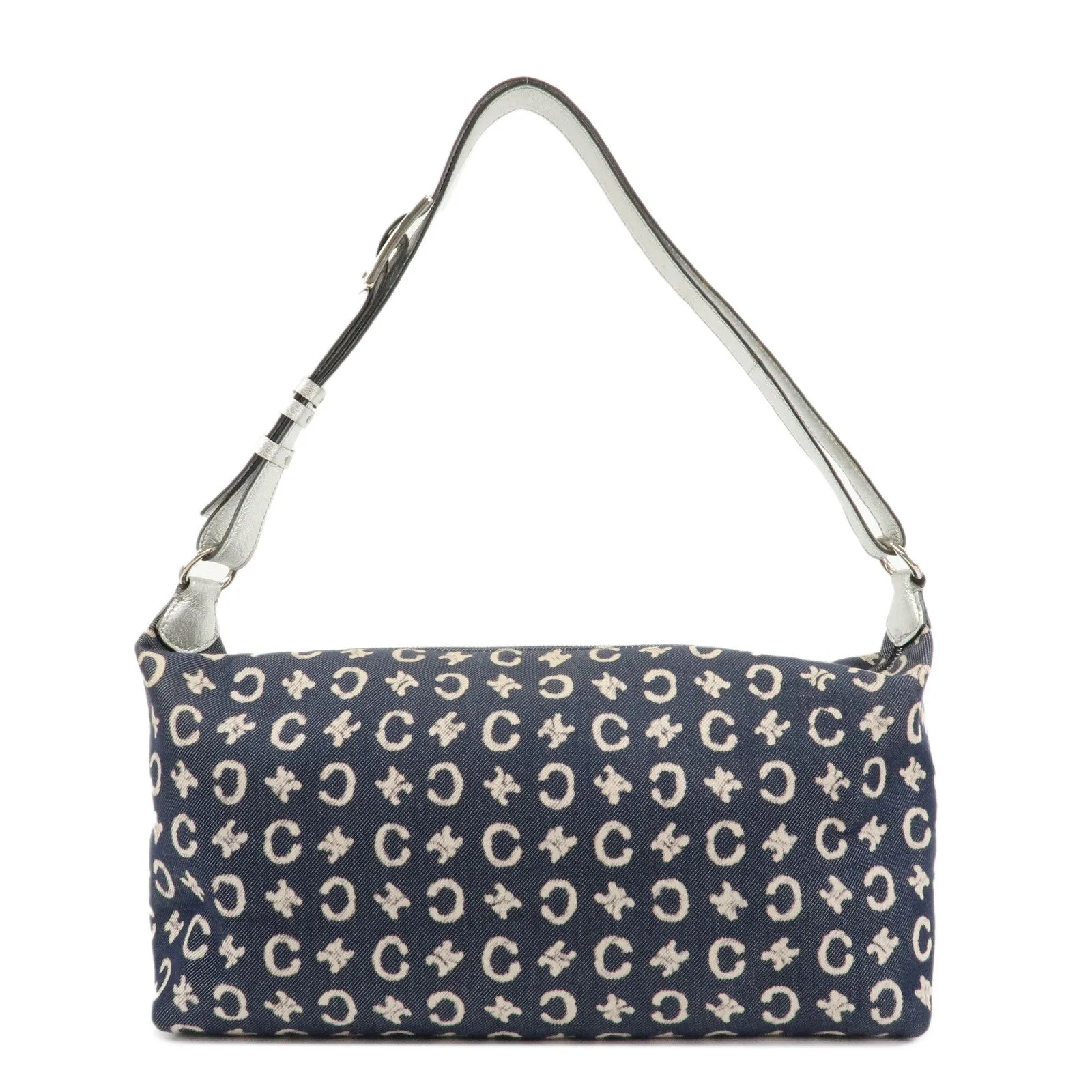 CELINE C Macadam Canvas Leather Shoulder Bag Navy Silver Used