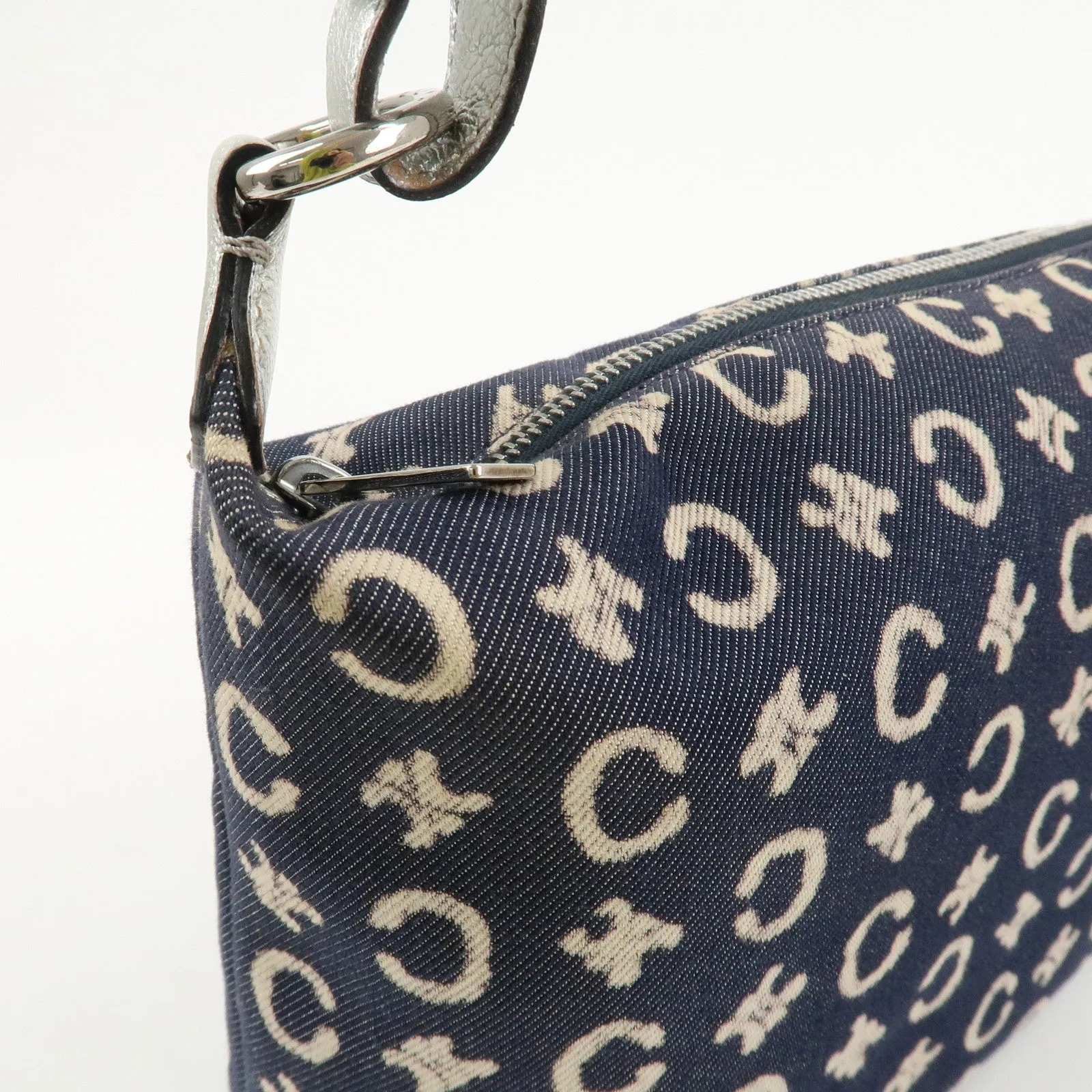 CELINE C Macadam Canvas Leather Shoulder Bag Navy Silver Used