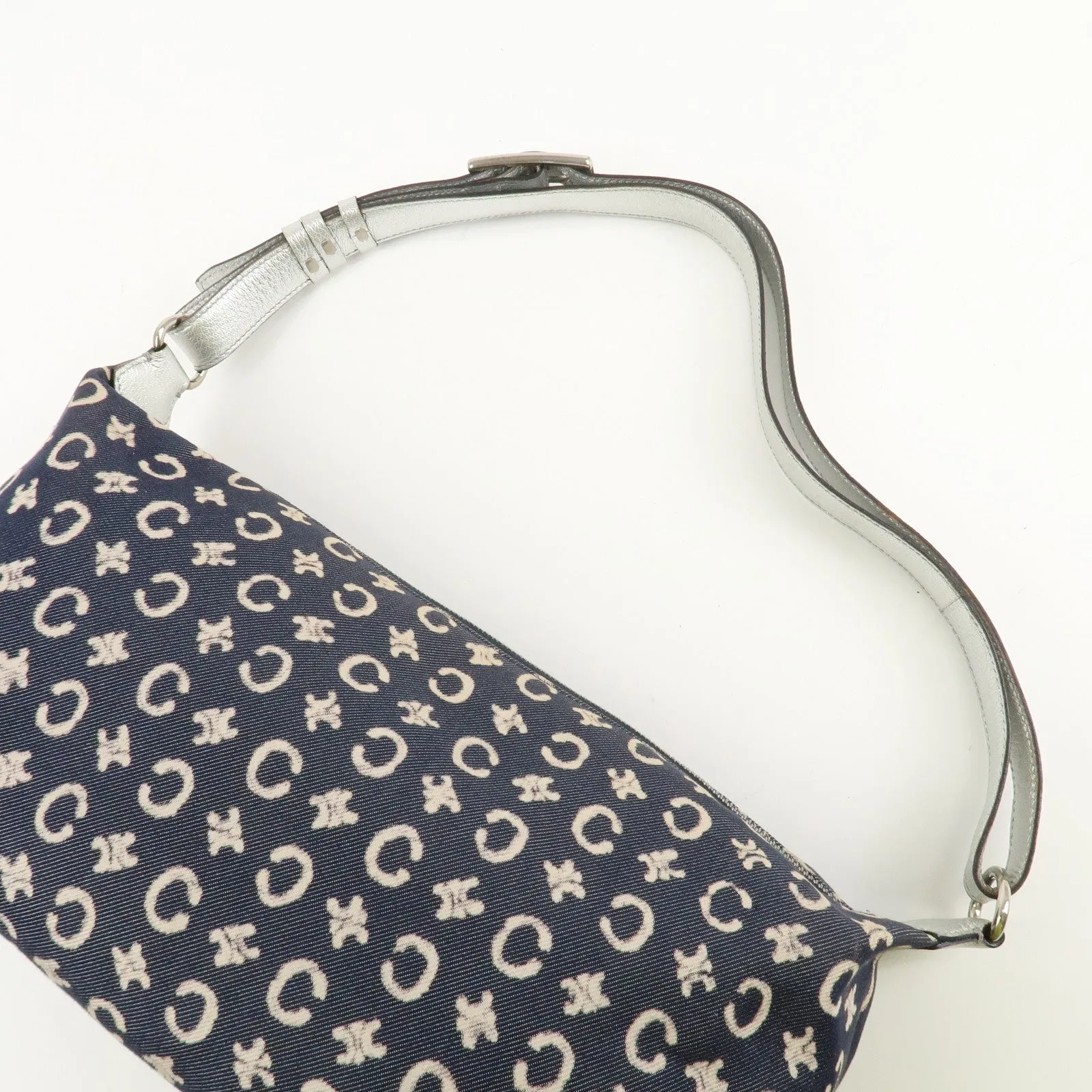CELINE C Macadam Canvas Leather Shoulder Bag Navy Silver Used