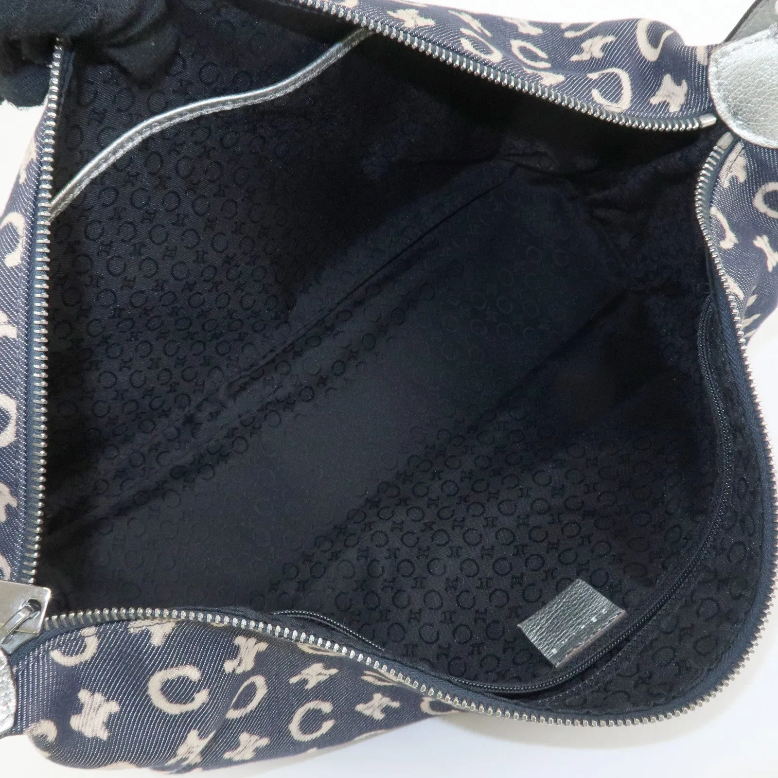 CELINE C Macadam Canvas Leather Shoulder Bag Navy Silver Used