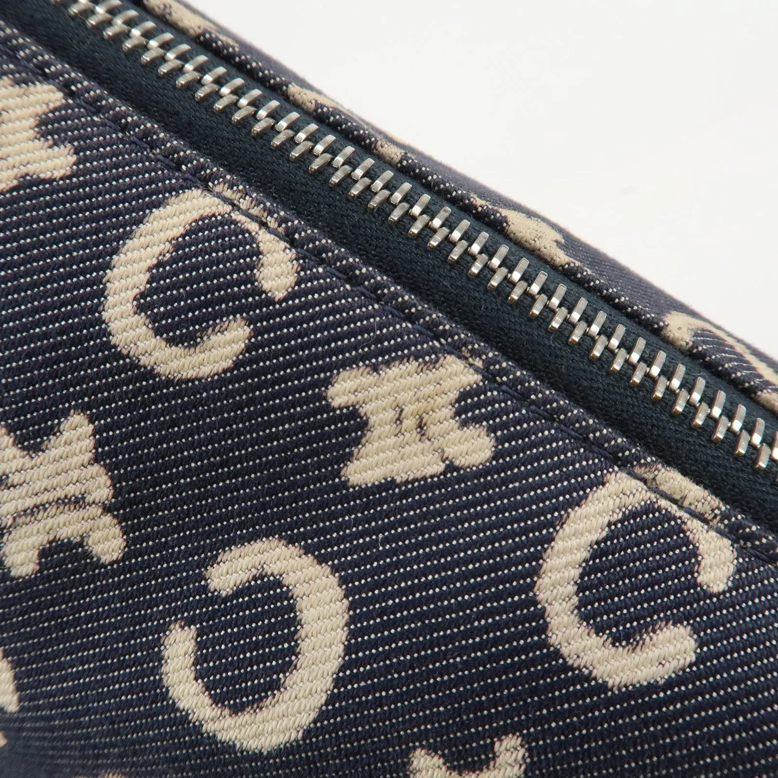 CELINE C Macadam Canvas Leather Shoulder Bag Navy Silver Used