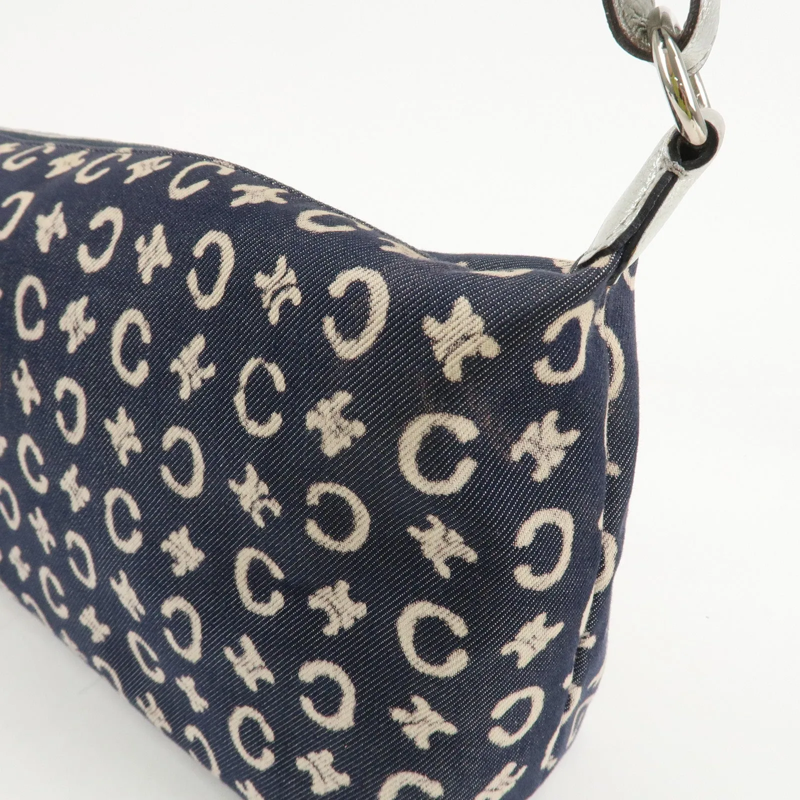 CELINE C Macadam Canvas Leather Shoulder Bag Navy Silver Used