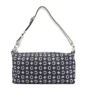 CELINE C Macadam Canvas Leather Shoulder Bag Navy Silver Used
