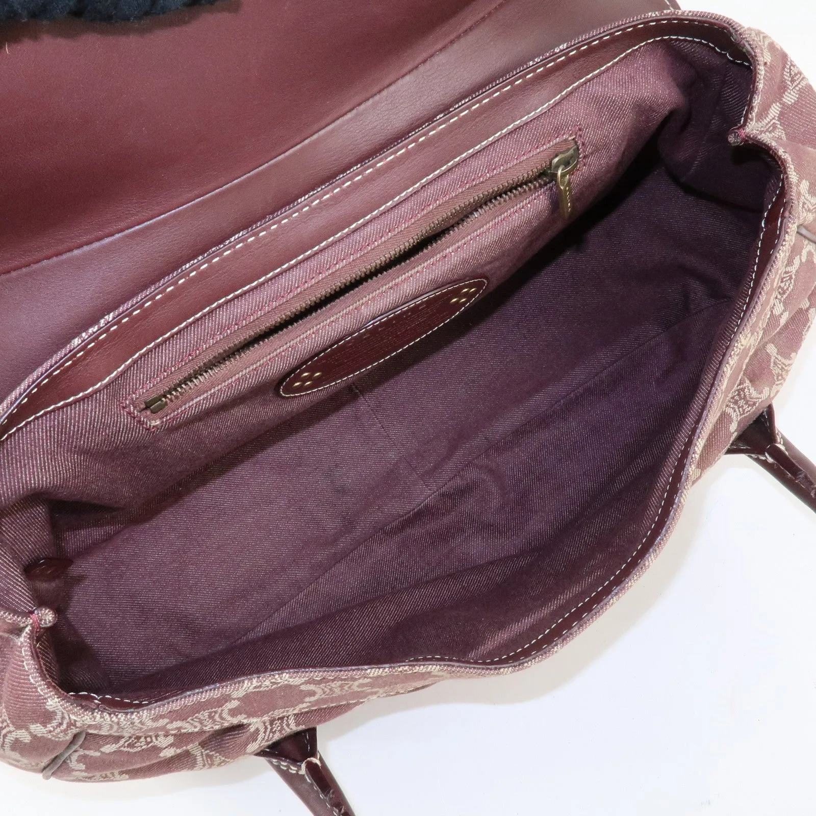 CELINE Macadam Denim Leather Tote Shoulder Bag Bordeaux White Used