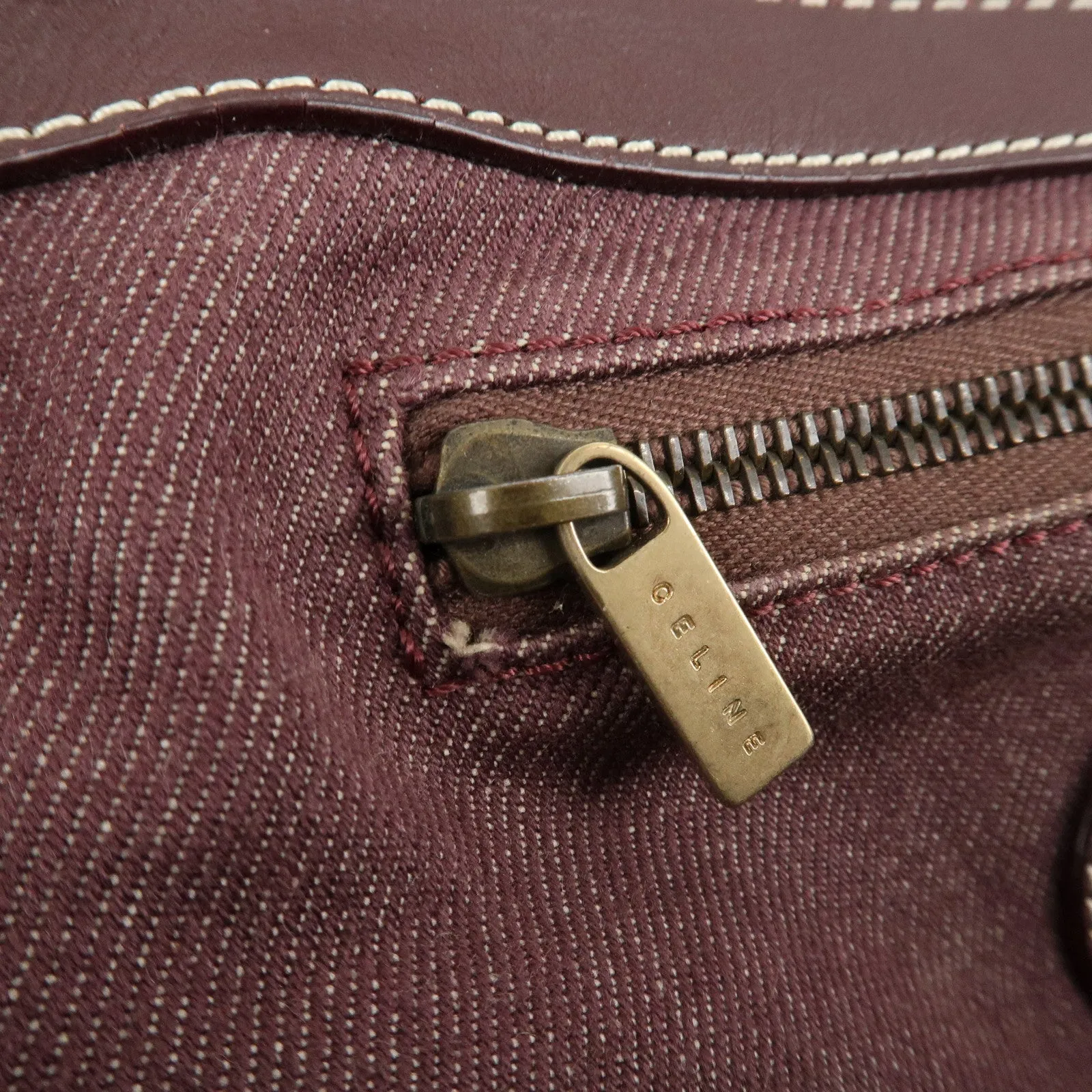 CELINE Macadam Denim Leather Tote Shoulder Bag Bordeaux White Used
