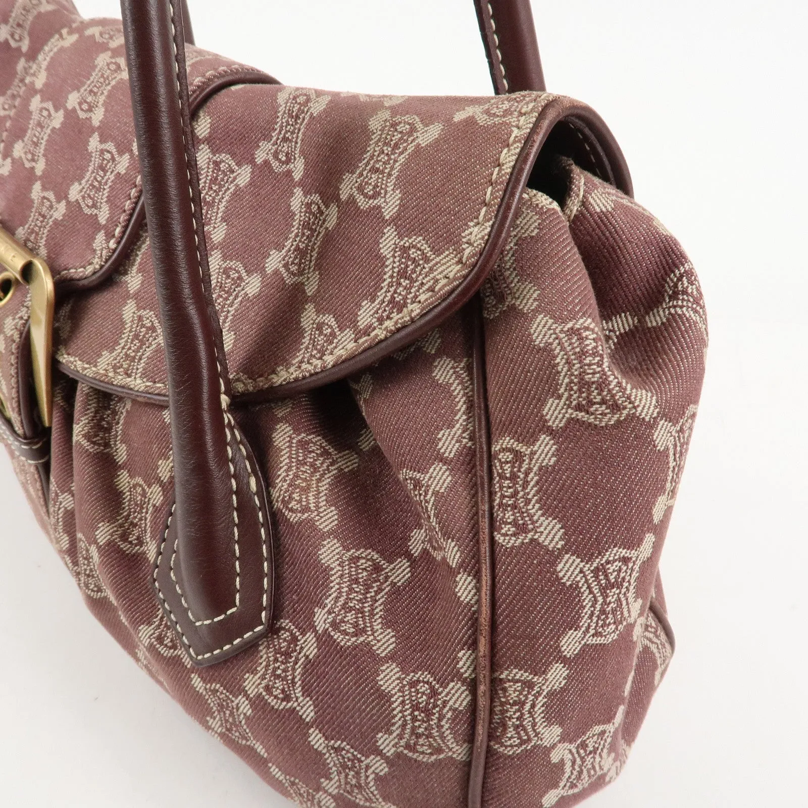 CELINE Macadam Denim Leather Tote Shoulder Bag Bordeaux White Used