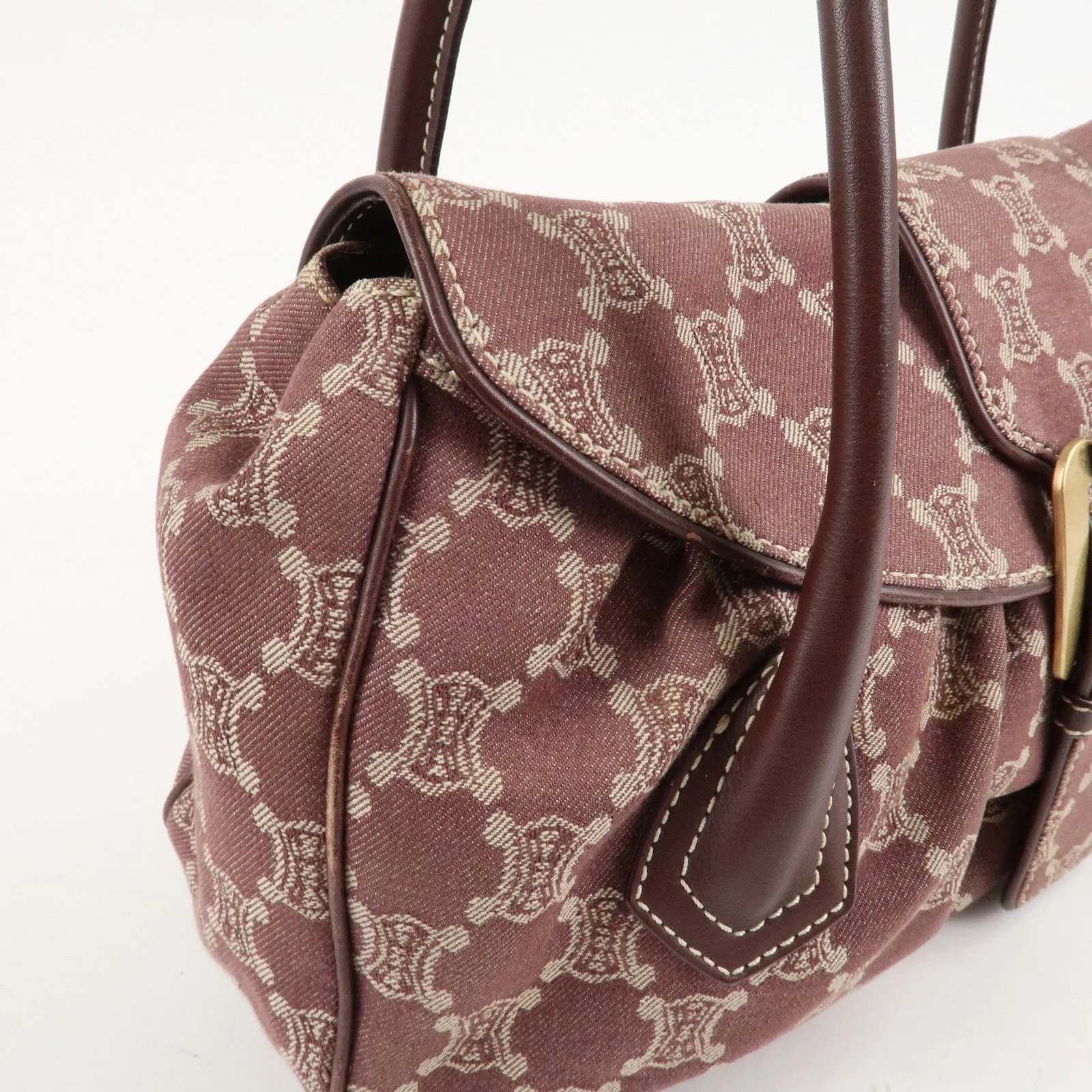 CELINE Macadam Denim Leather Tote Shoulder Bag Bordeaux White Used