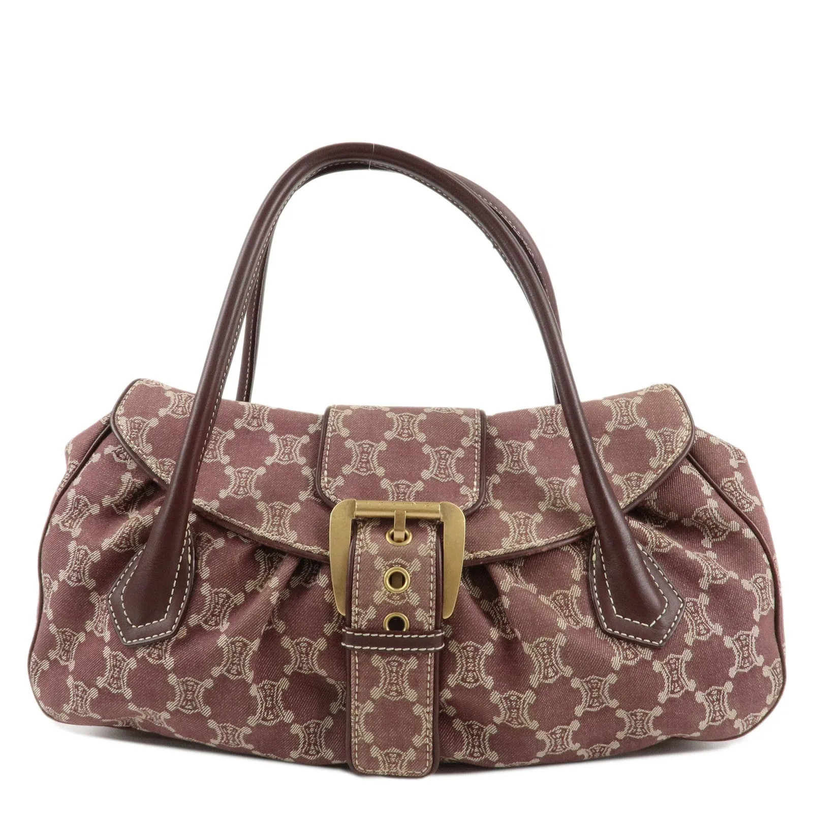 CELINE Macadam Denim Leather Tote Shoulder Bag Bordeaux White Used