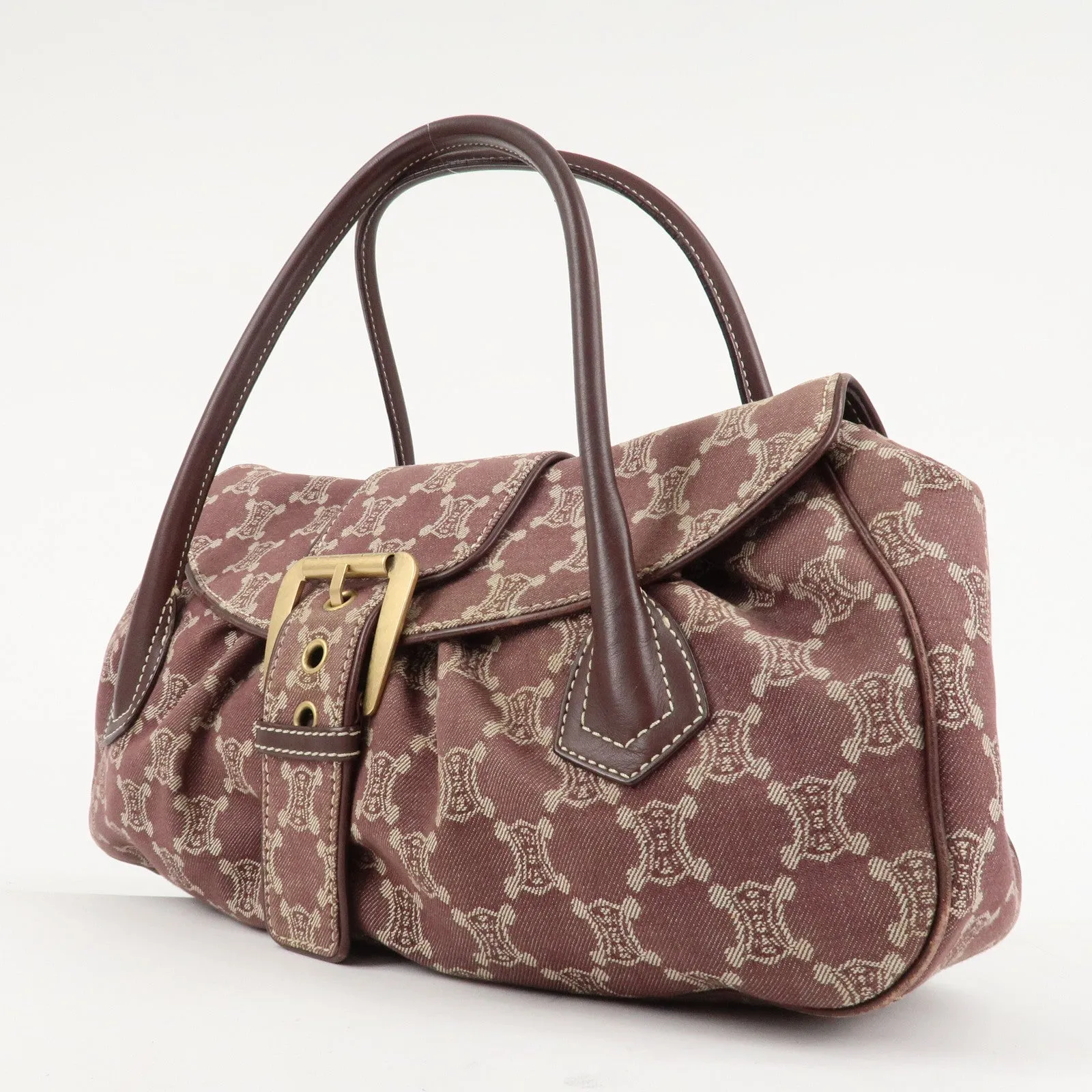 CELINE Macadam Denim Leather Tote Shoulder Bag Bordeaux White Used
