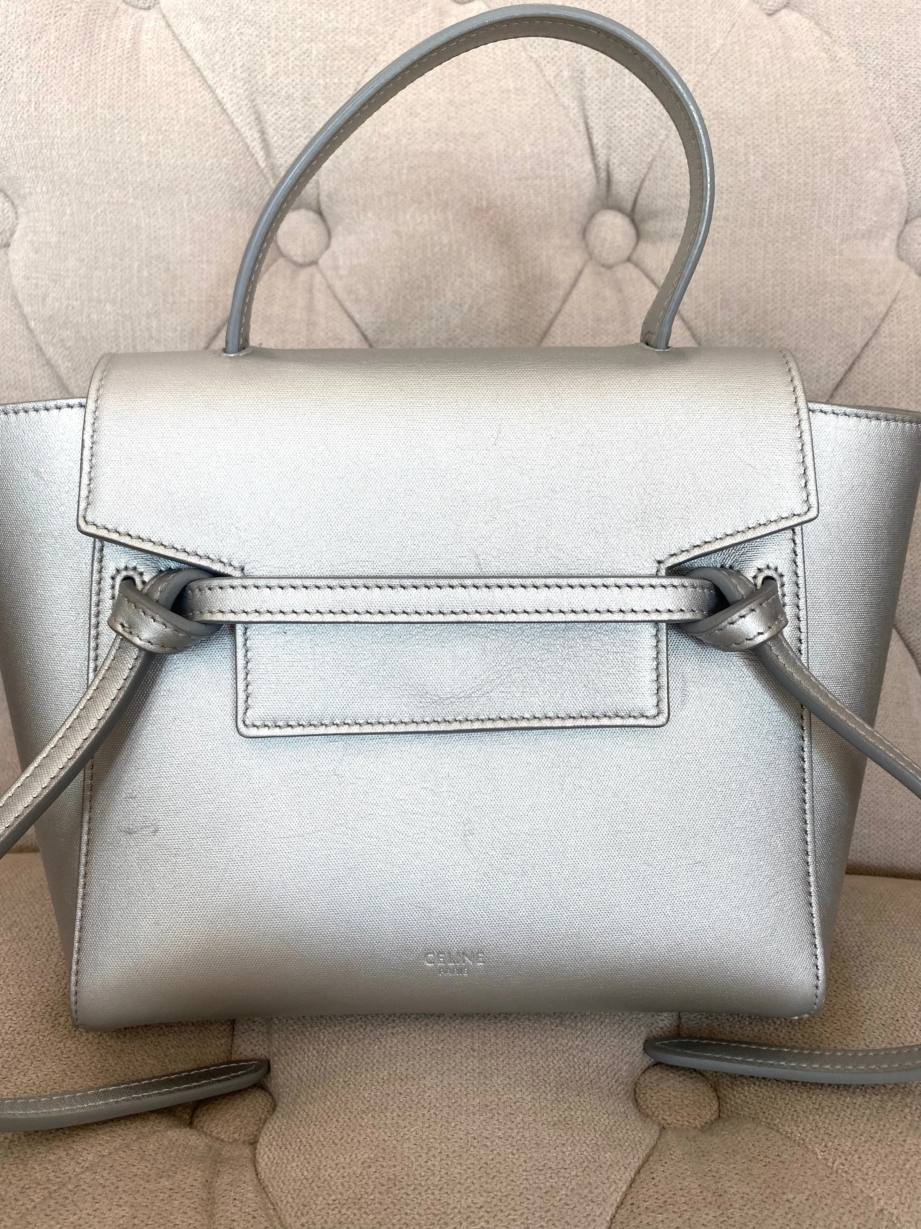 CÉLINE METALLIC SILVER LAMINATED CALFSKIN NANO BELT BAG