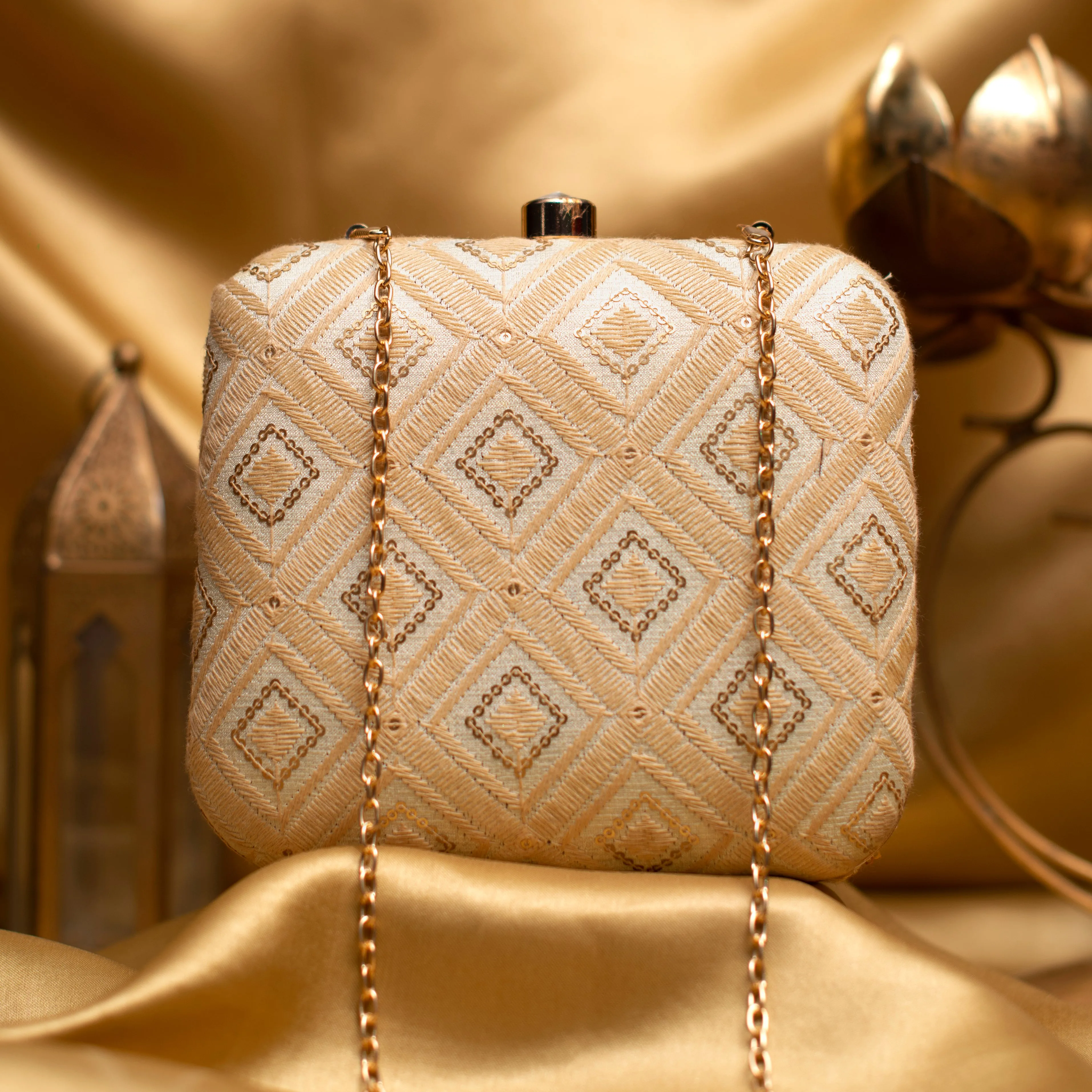 Cream Checks Pattern Thread Embroidery Clutch