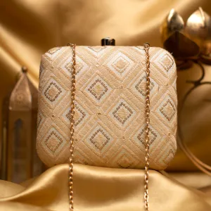 Cream Checks Pattern Thread Embroidery Clutch