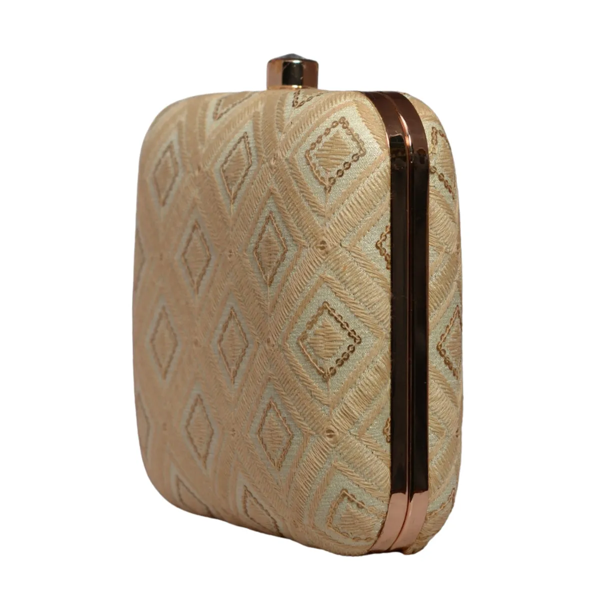 Cream Checks Pattern Thread Embroidery Clutch